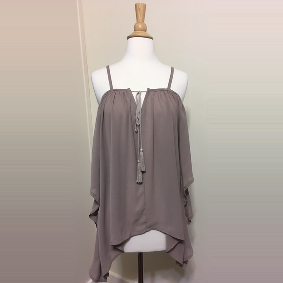 Tassel Tie Cold Shoulder Butterfly Blouse Mocha - Picture 5 of 8